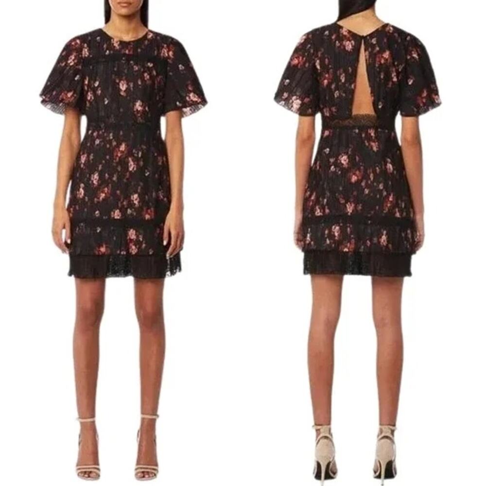 Anthropologie Biella Dress Mini Foxiedoxie NWT XS Black Floral Pleated Flutter